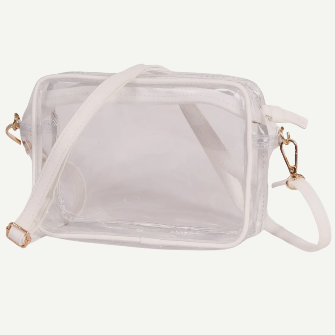 Bridget Clear Purse with Vegan Leather Trim and Straps white
