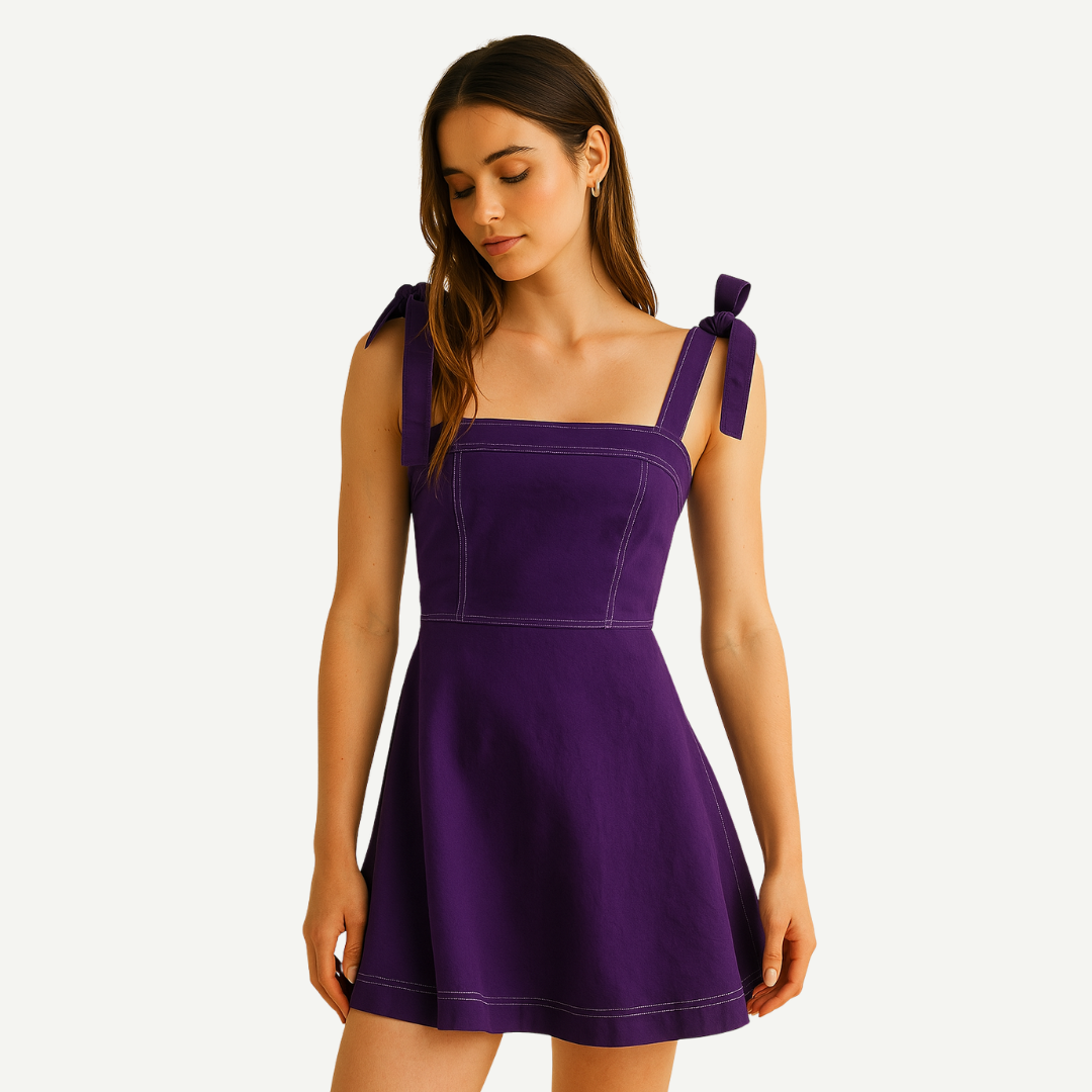 Woman wearing a purple dress with bow straps on a white background