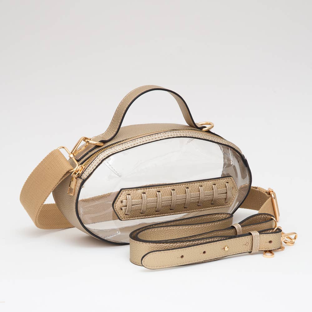 Beige handbag with clear section on a light gray background