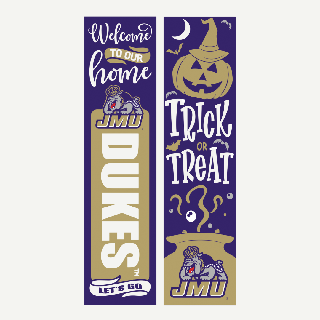 JMU 47" Halloween double-sided leaner with team colors and spooky seasonal designs.