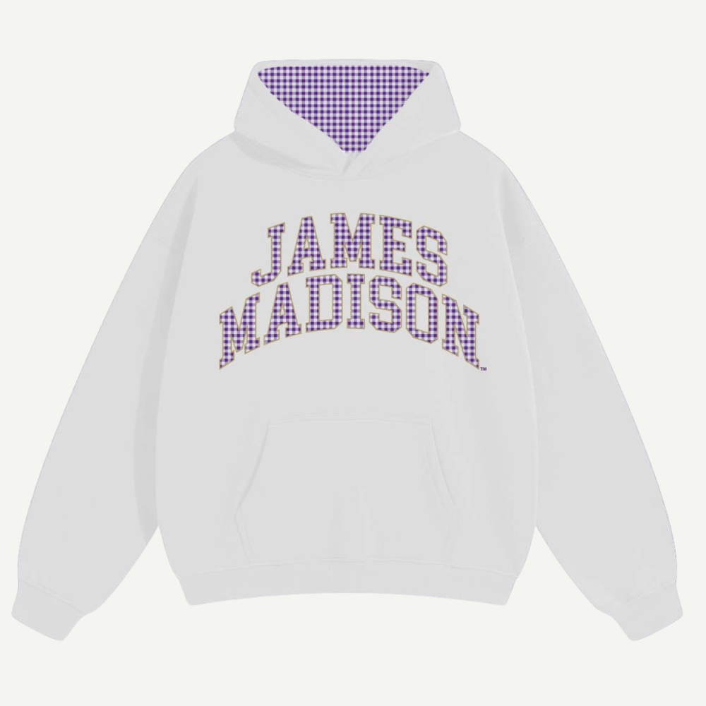 White hoodie with 'James Madison' text on a white background