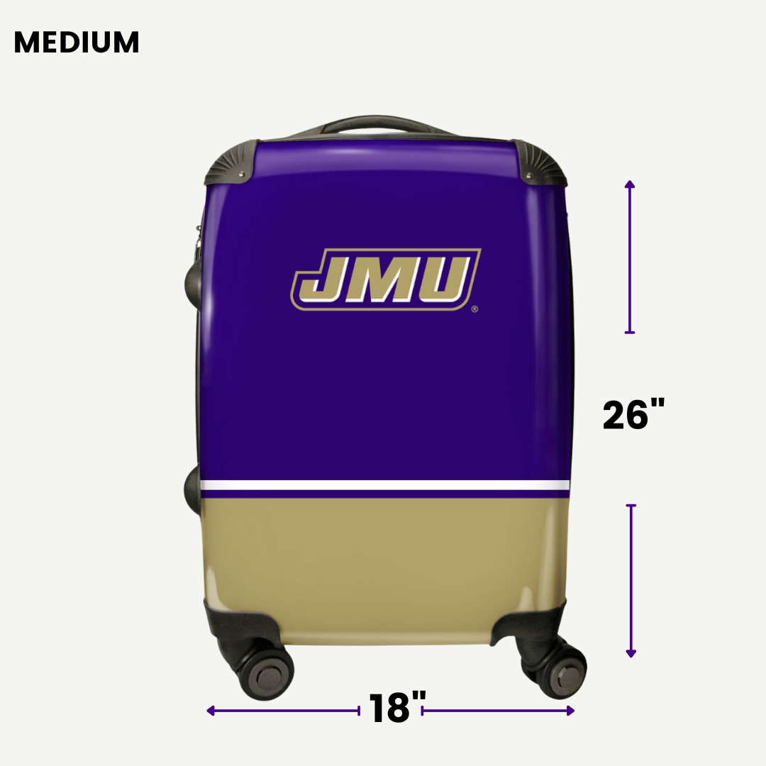 Purple and beige suitcase with JMU logo and measurements on a white background