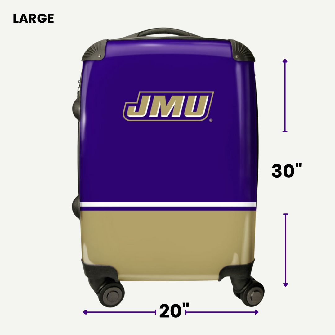 Luggage with JMU logo and dimensions on a white background
