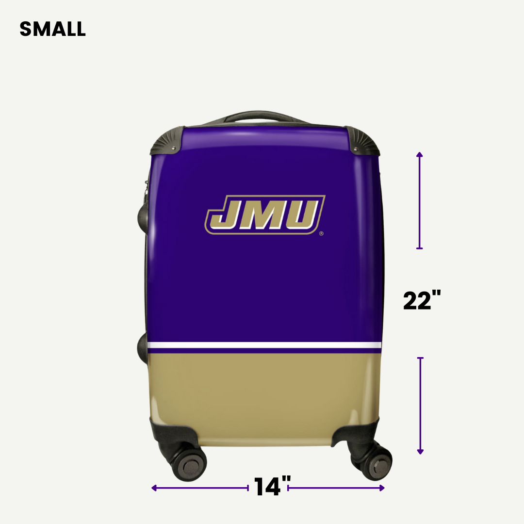 Purple and gold suitcase with JMU logo and measurements on a white background