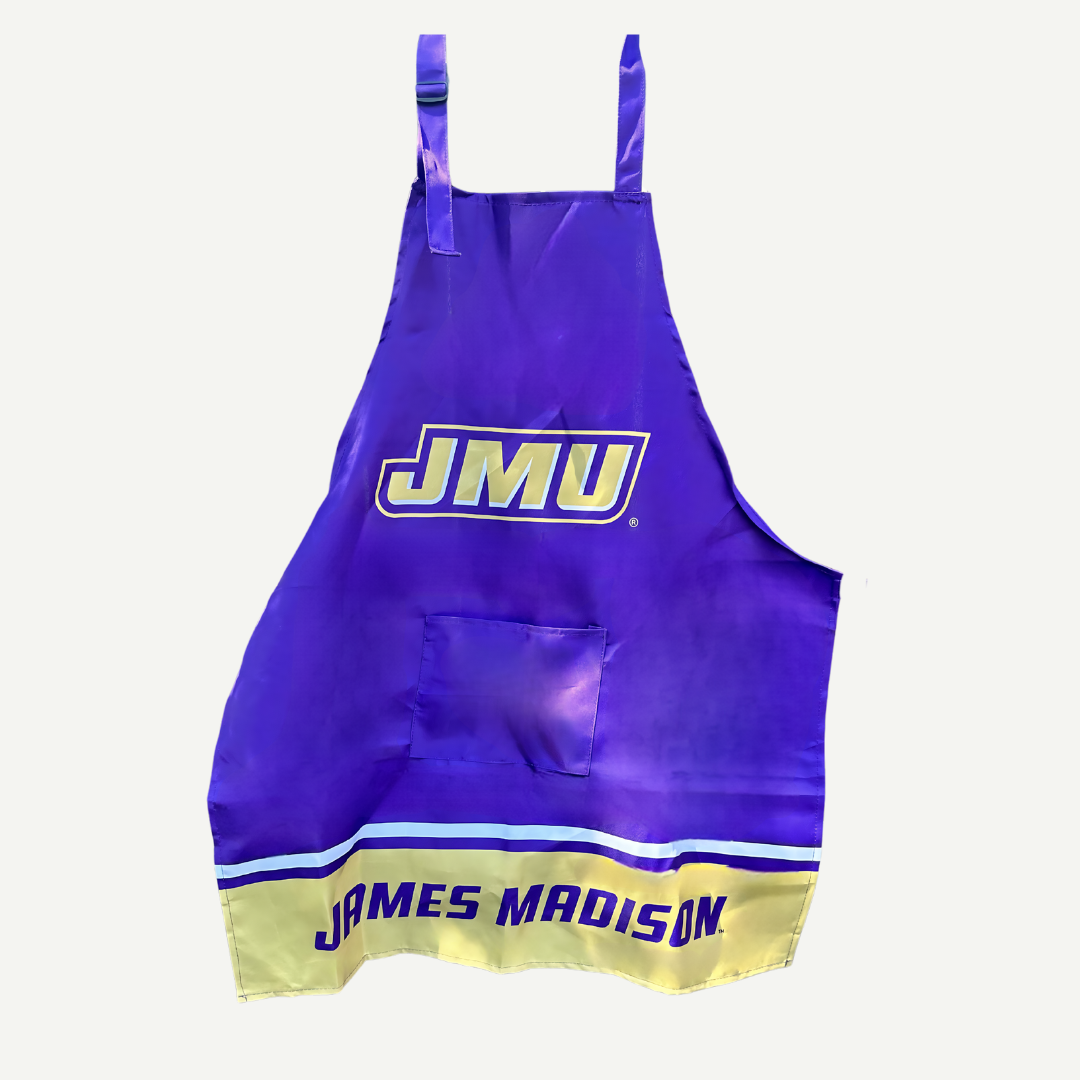 Purple apron with 'JMU' and 'James Madison' text on a white background