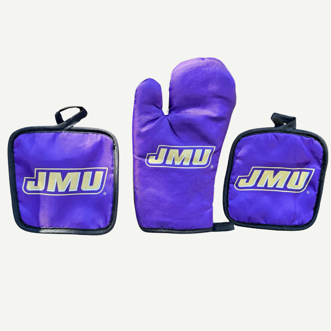 Purple kitchen set with 'JMU' logo on a white background