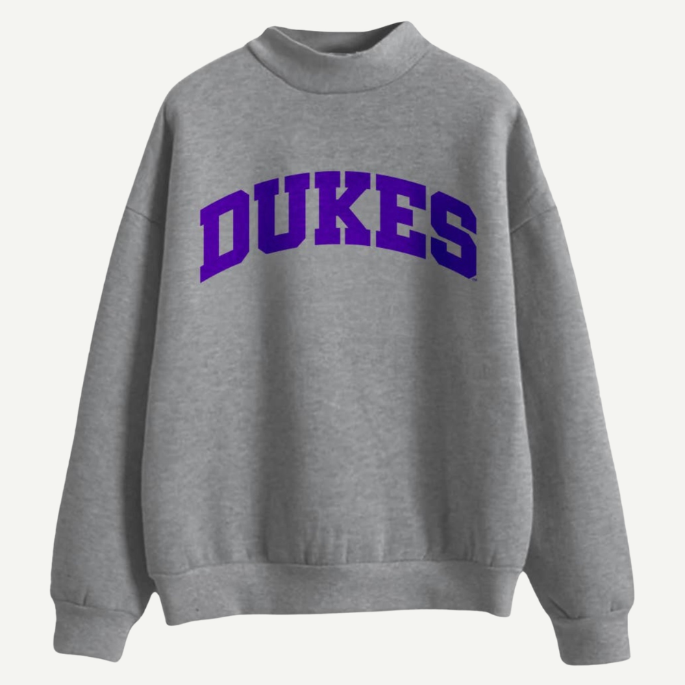 Gray sweatshirt with 'DUKES' printed in purple on a white background