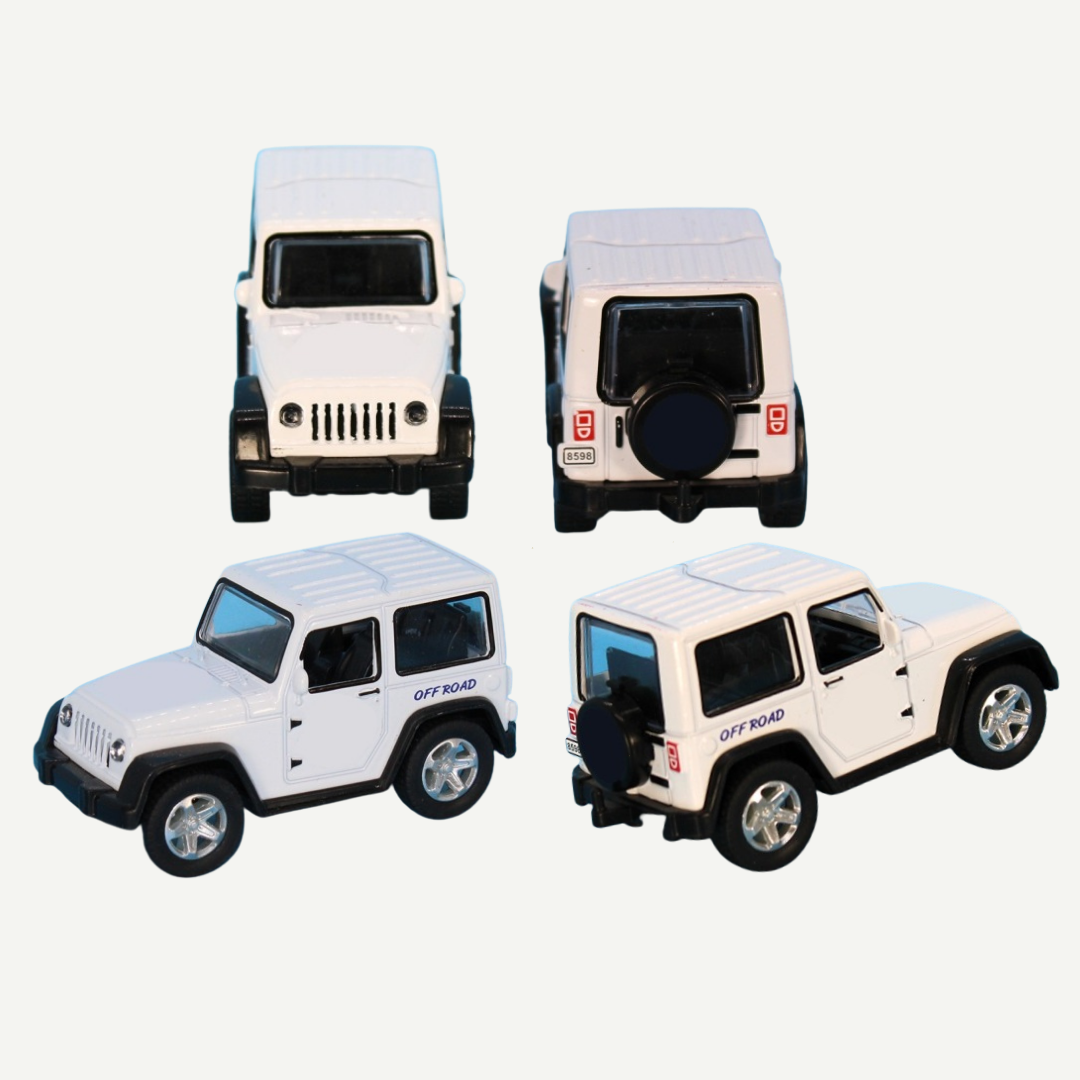 White JMU Pullback ATV Toy Truck with James Madison University logo, shown from front, back, left, and right sides.