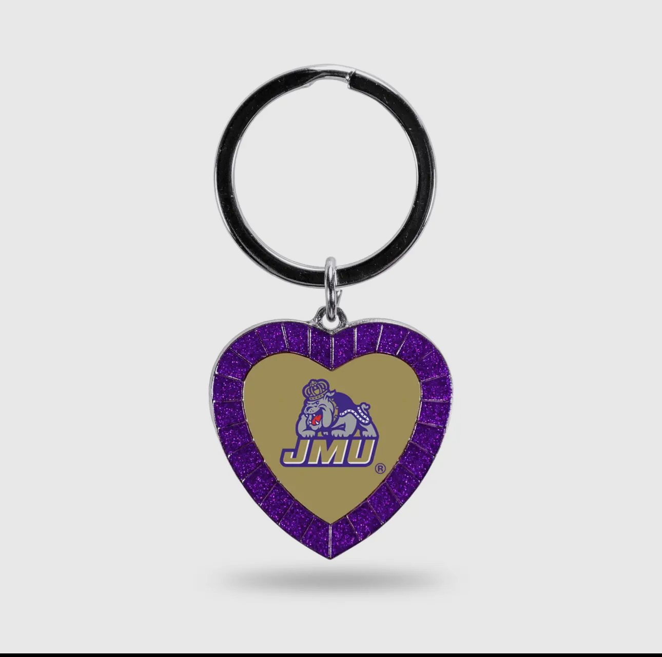 Heart-shaped keychain with purple border and JMU logo on a white background