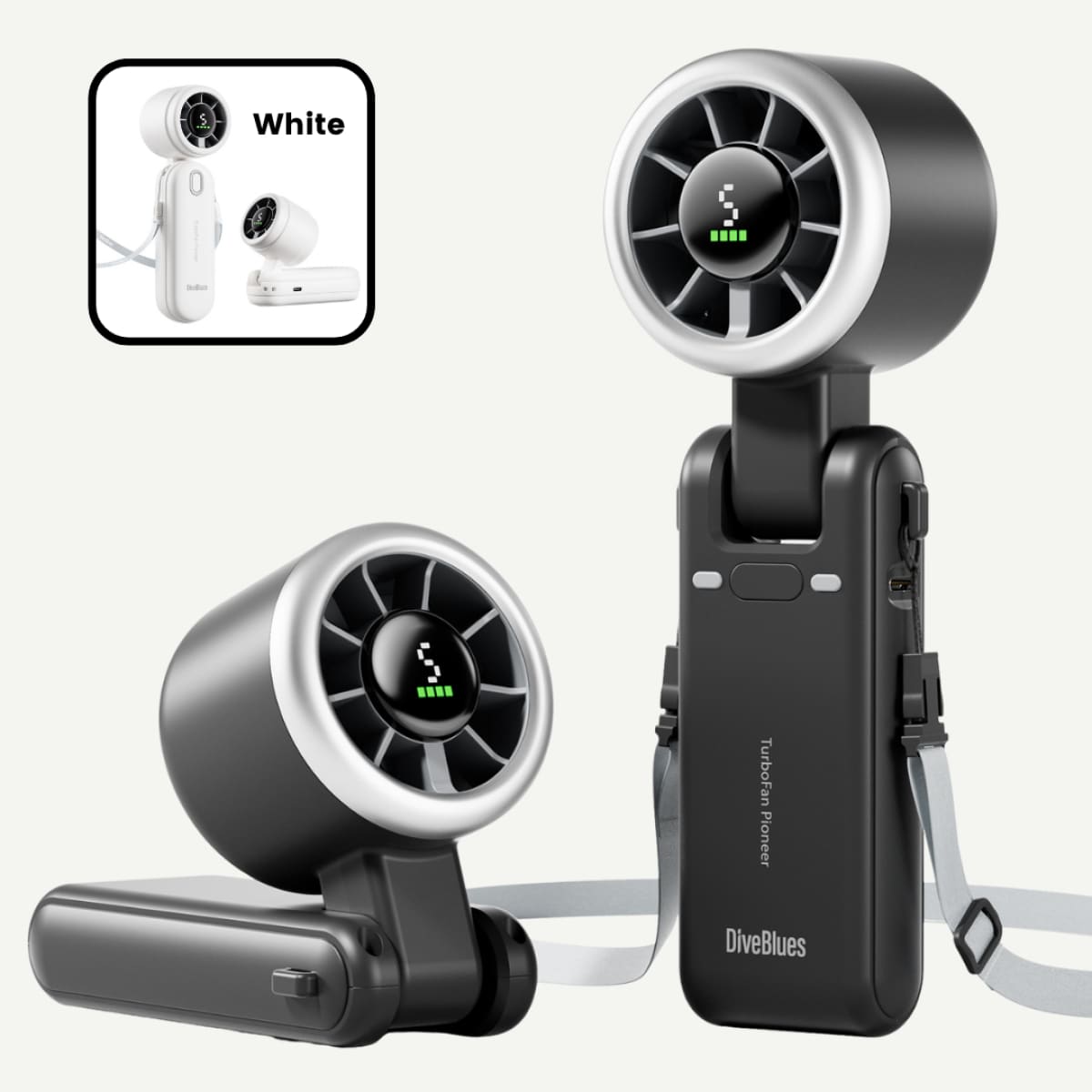 Black and gray handheld fan with visible branding on a white background