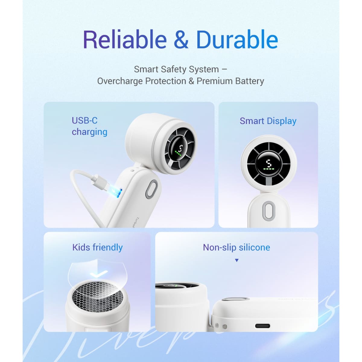 Product with features highlighted on a blue background