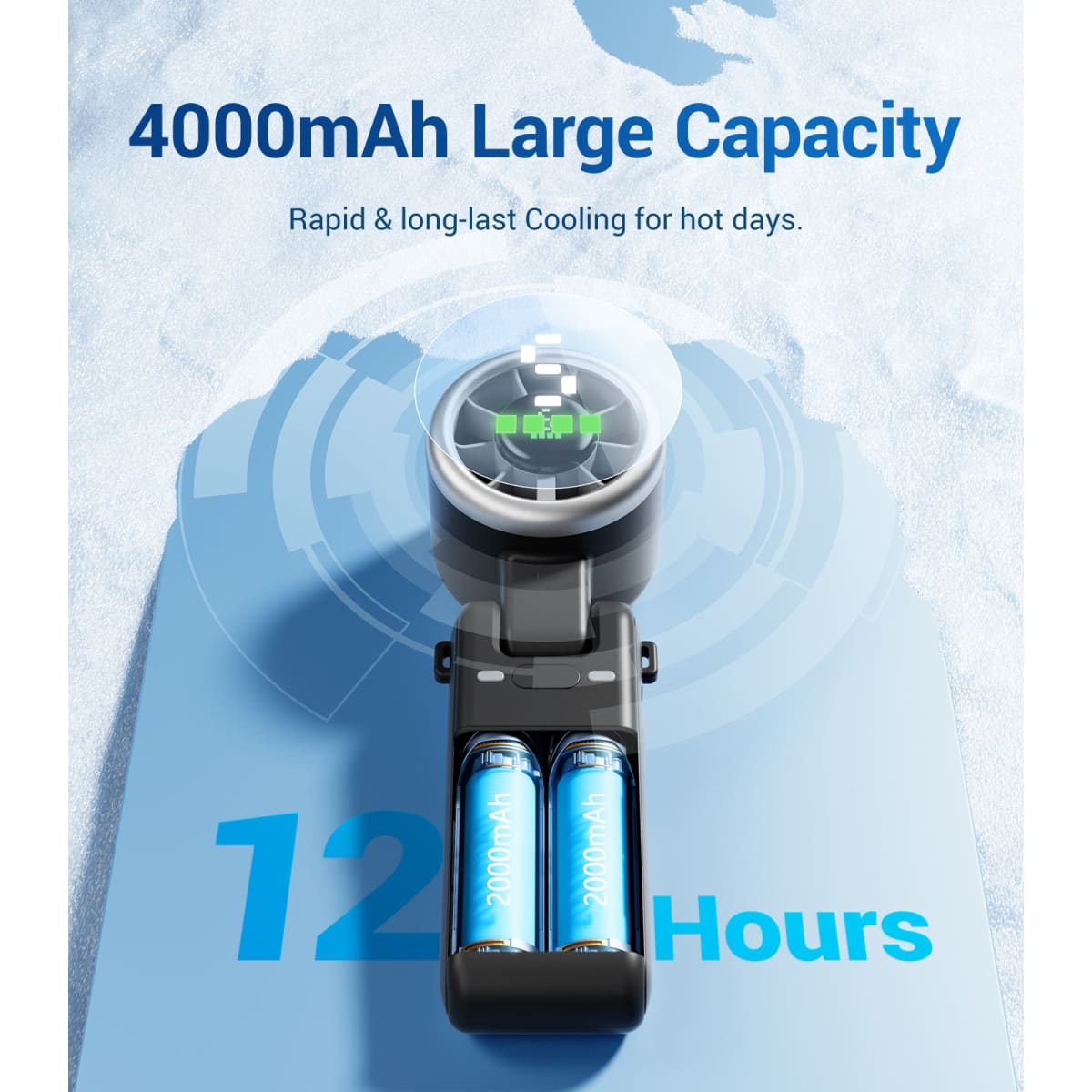 Cooling device with 4000mAh capacity and 12-hour cooling time on a blue background