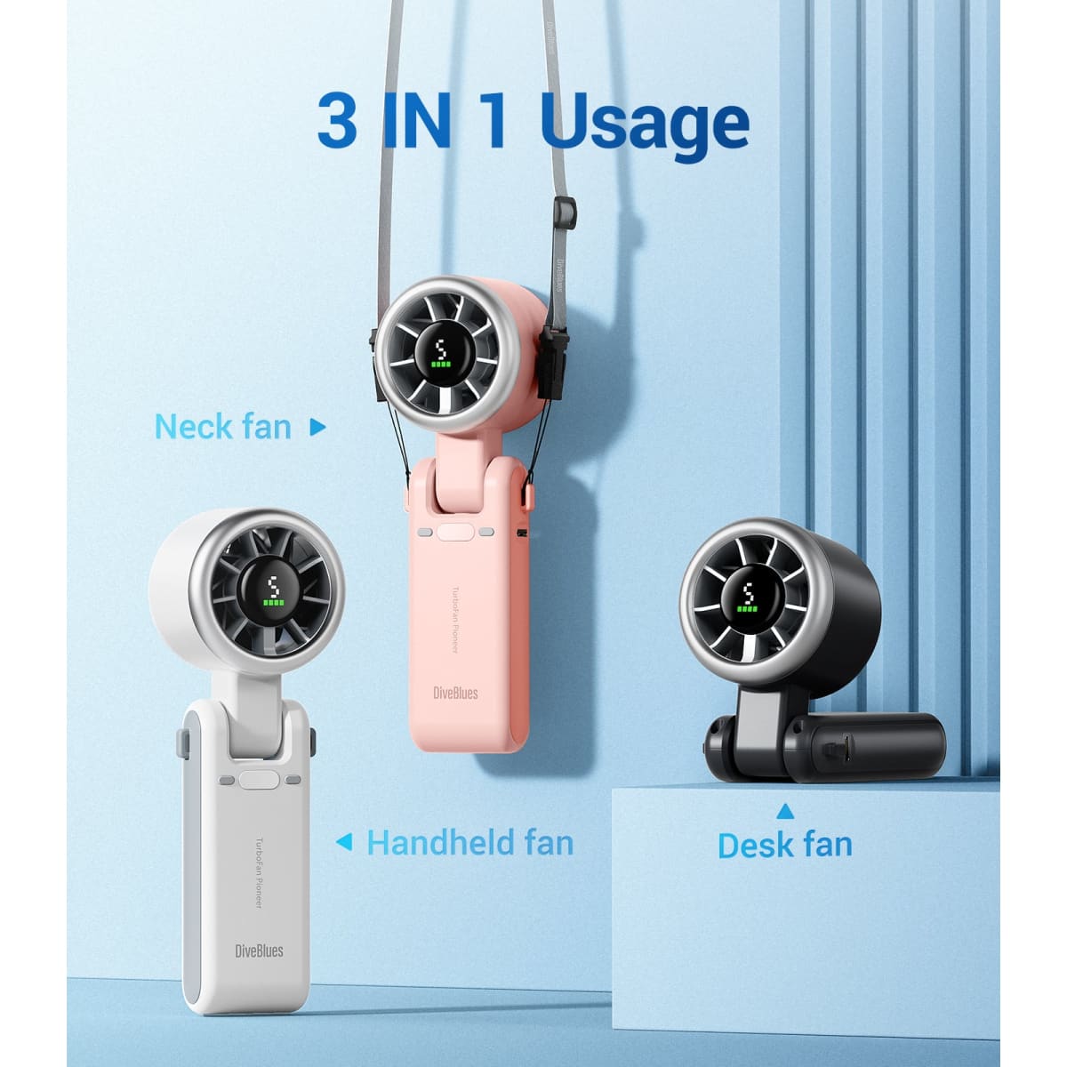 Multifunctional fan with neck, handheld, and desk attachments on a light blue background