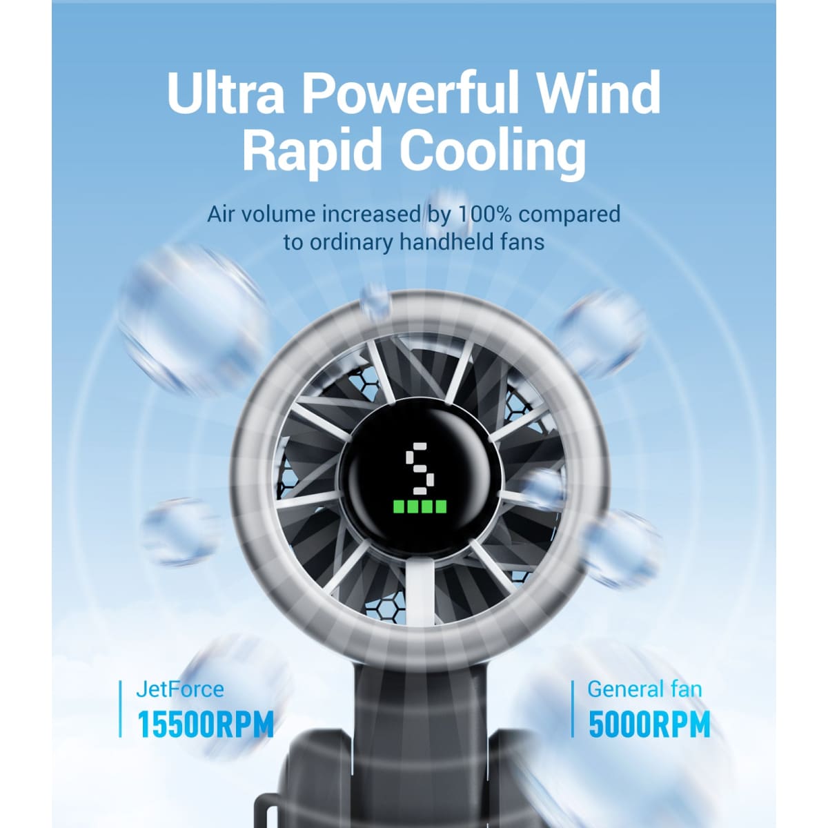 Handheld fan with text highlighting ultra powerful wind and rapid cooling features on a blue background