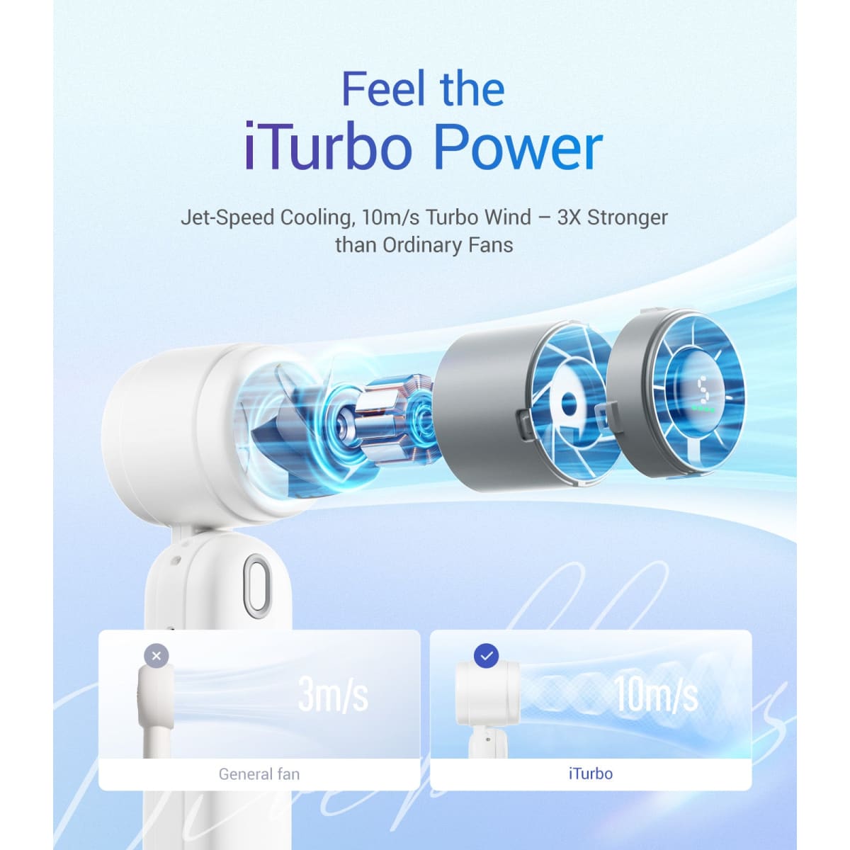 Turbo fan with iTurbo power feature on a light blue background