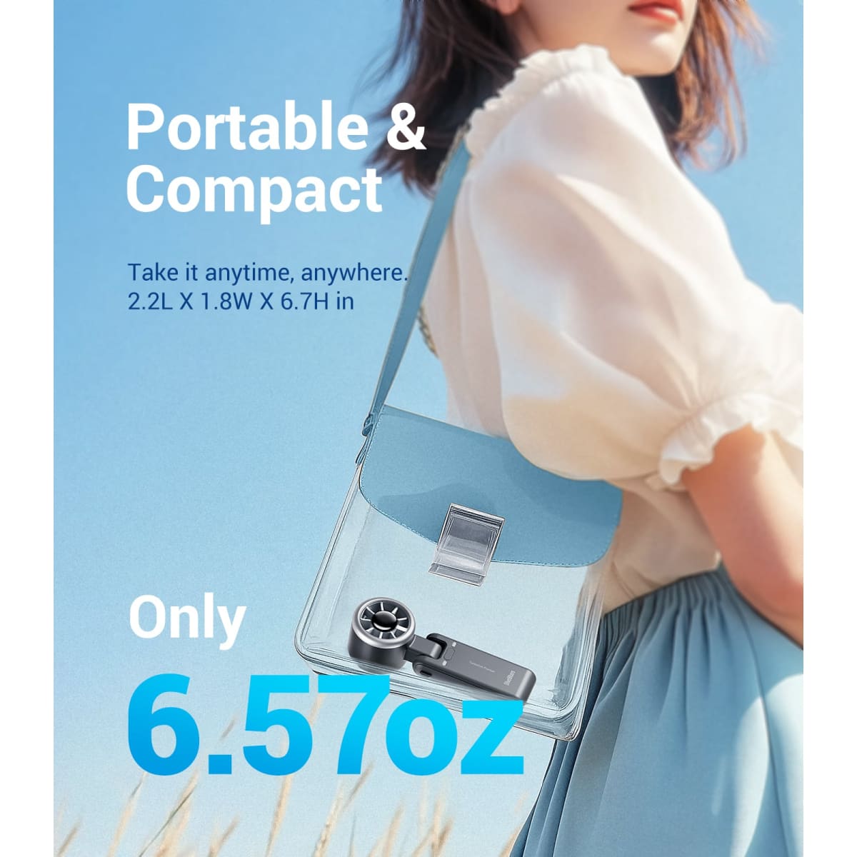 Woman carrying a transparent handbag with text highlighting its portability and compact size.