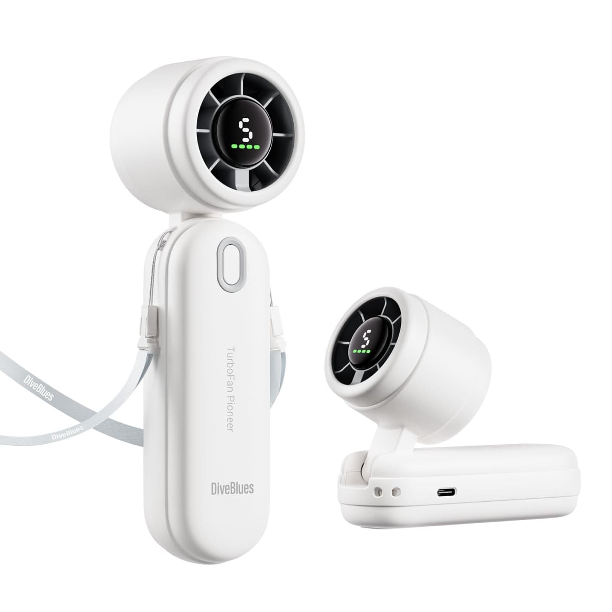 White handheld device with digital display on a white background