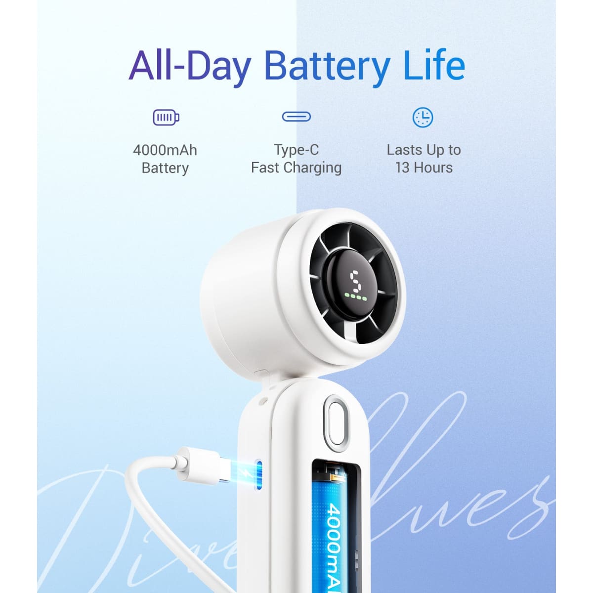 Portable fan with charging cable on a light blue background, highlighting battery life and charging features.
