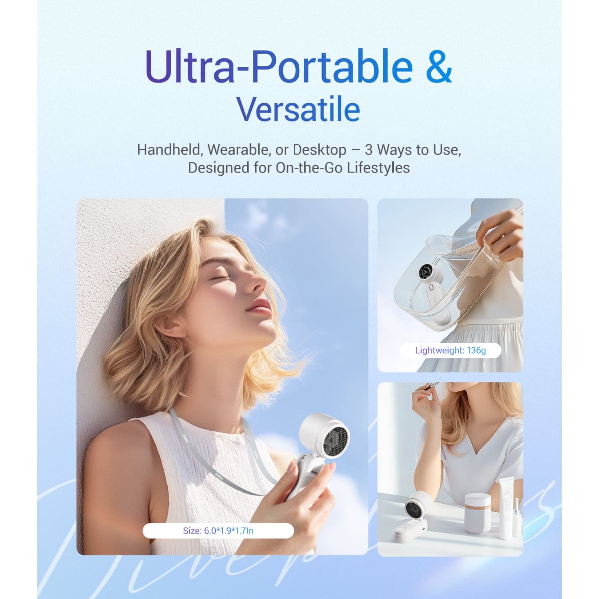 Product advertisement with a woman using a handheld device, text about portability and versatility, and product specifications.