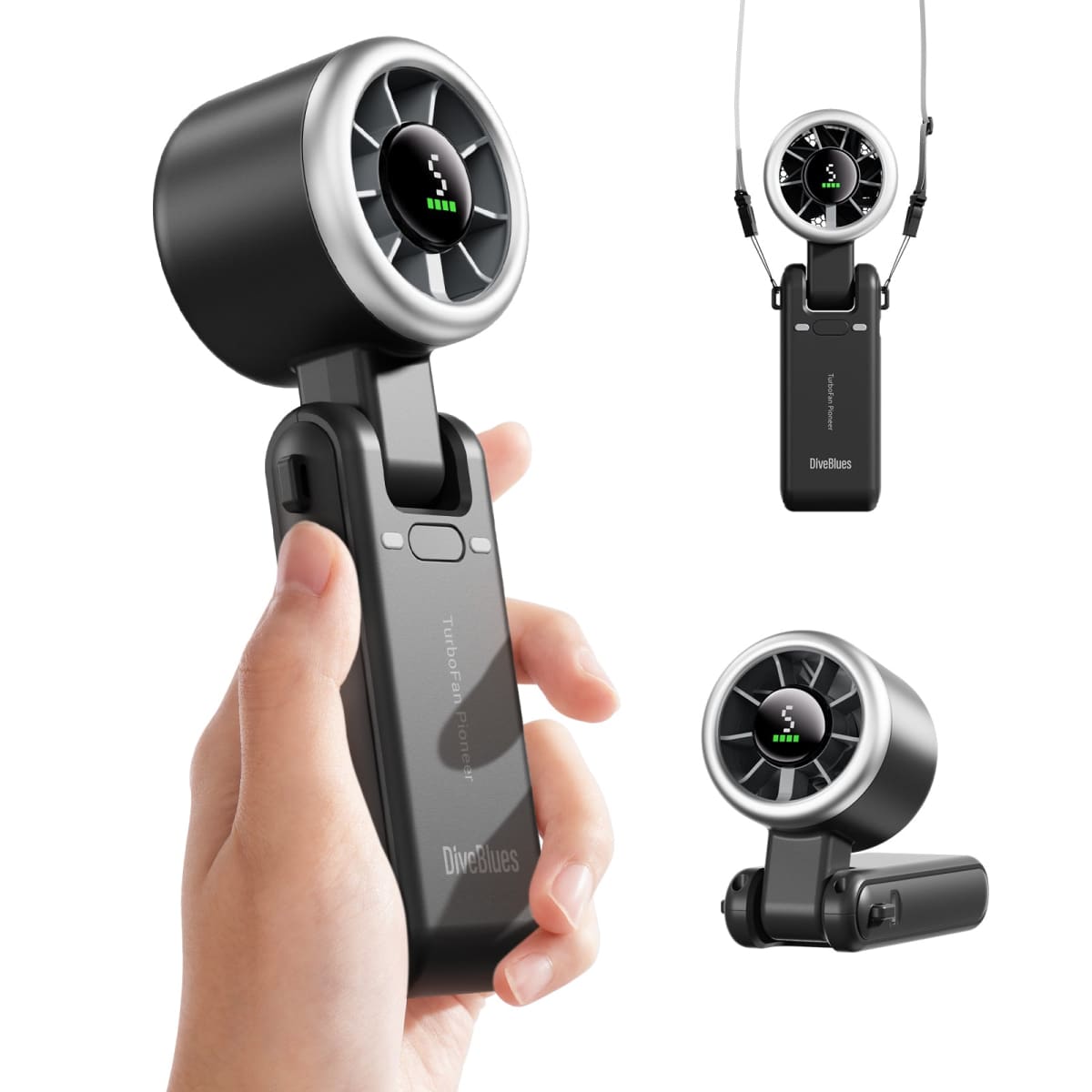 Handheld device with a fan and attached wireless microphone on a white background