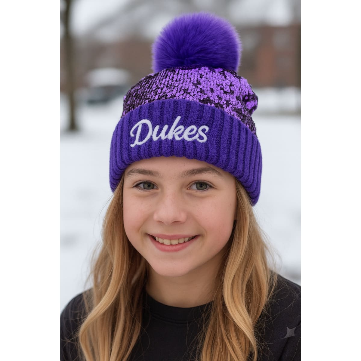 Embroidered Sequin Pom Beanie