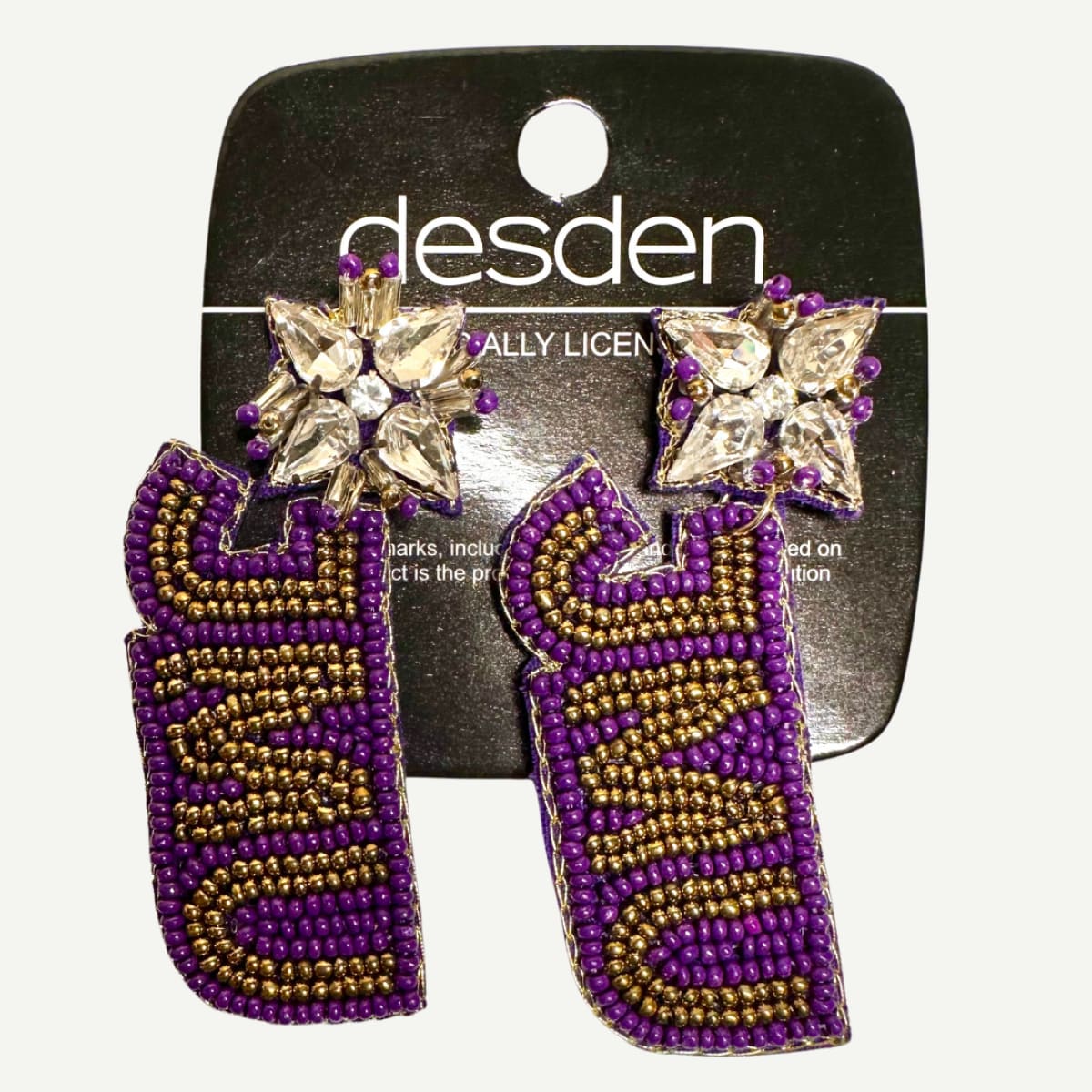 JMU Beaded Drop Earrings with purple and gold beadwork featuring the "JMU" logo and crystal-studded floral posts.