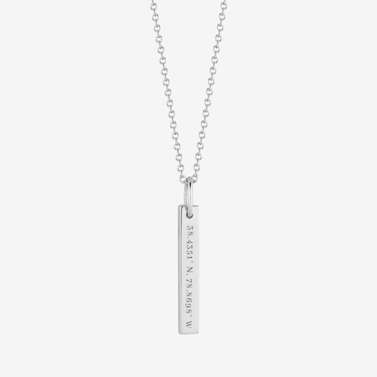 Close-up of JMU Campus Coordinates Necklace, bar pendant, adjustable chain length, Kyle Cavan Jewelry