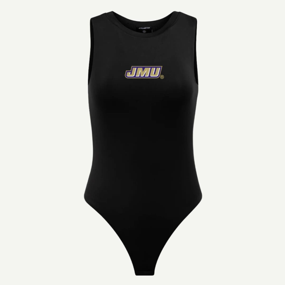 JMU Contouring Bodysuit – A fitted, double-layered cotton rib bodysuit with a screenprint JMU logo and a thong-cut bottom for a seamless fit- black