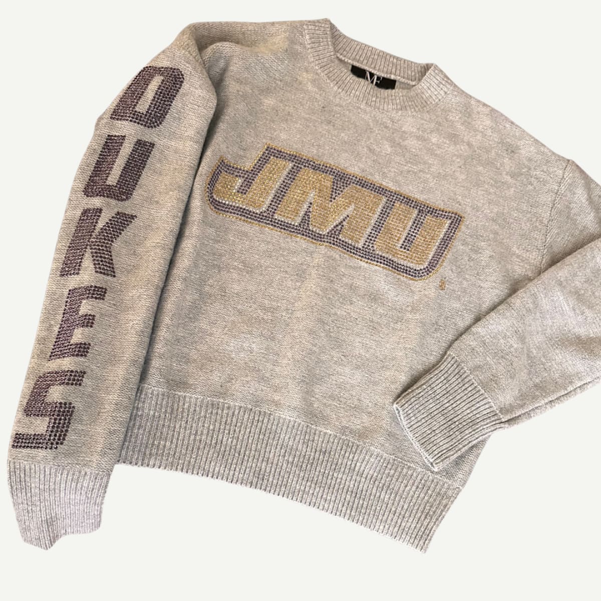 JMU crewneck sweater with a lightweight knit design and crystal-embellished JMU Dukes logo.