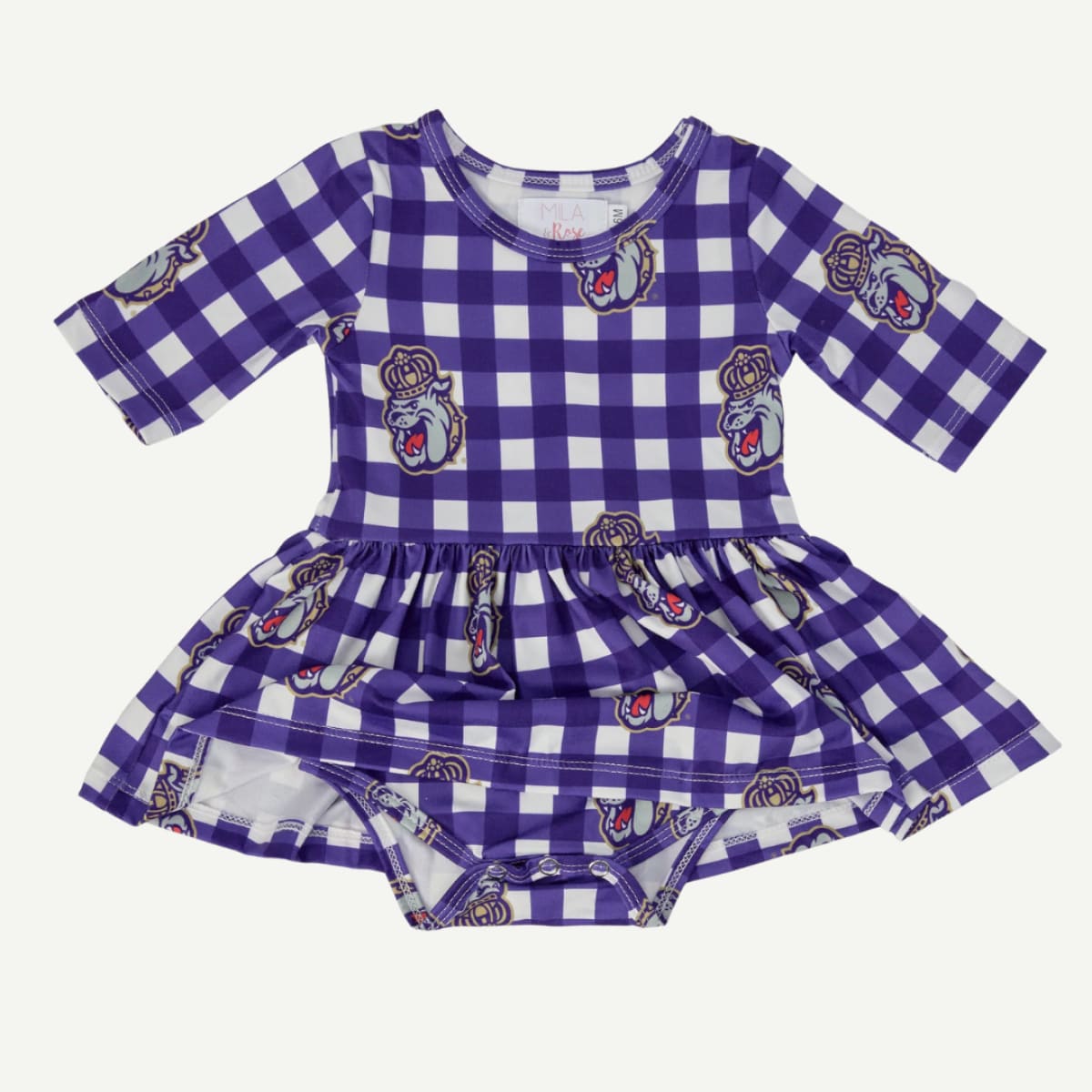 Purple and white checkered baby outfit with logos on a white background