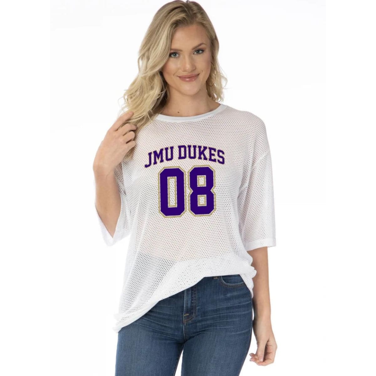 JMU WOMENS APPAREL, JMU Dukes Mesh Mallory Jersey, Cream Color Sports Jersey, Oversized Fit, Scoop Neckline, Breathable Mesh Fabric