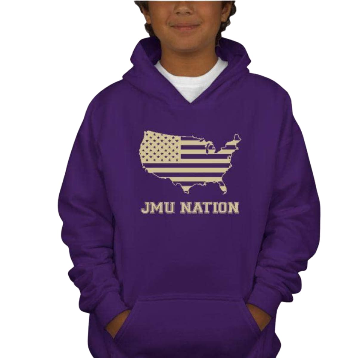 JMU Nation Hoodie for Youth, 8 Ounce Heavy Blend, Cotton Polyester Blend, Pill-Resistant Air Jet Yarn, Double-Lined Hood, Double-Needle Stitching, Pouch Pocket, Safety No Drawcord - XS / PURPLE