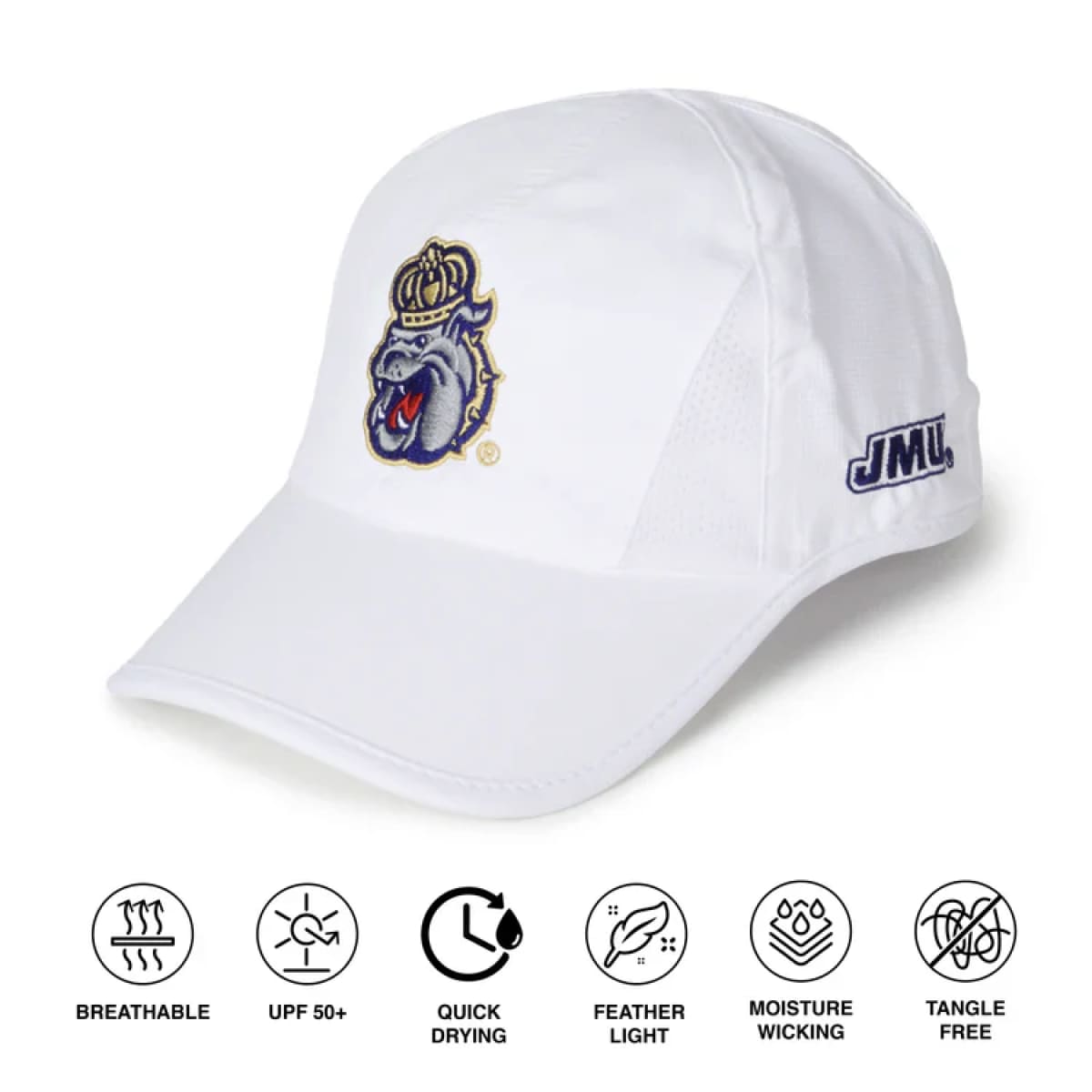 JMU Duke Dog Cap with breathable fabric, UV protection, and mesh sweatband. -SIDE