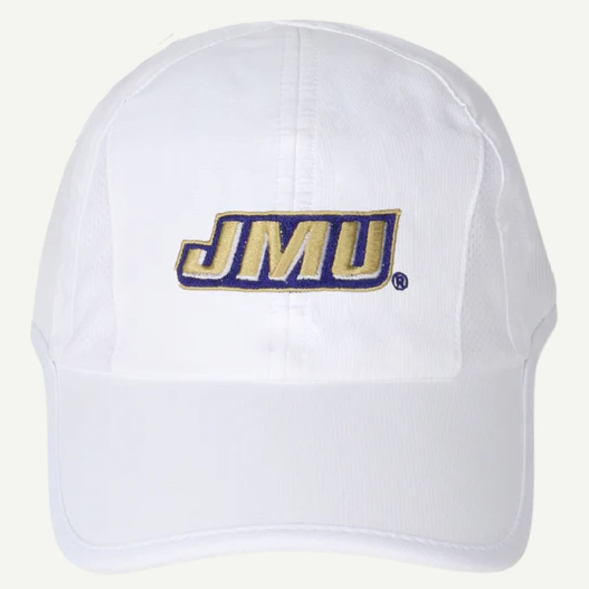 JMU White Active Cap with UV protection, breathable panels, and moisture-wicking sweatband.
