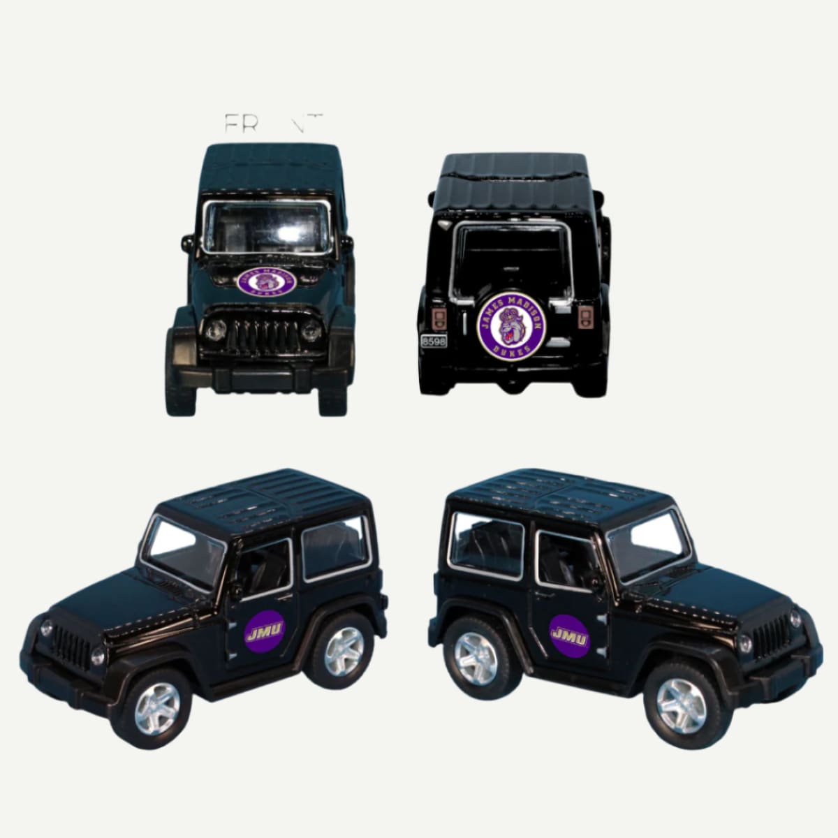 White JMU Pullback ATV Toy Truck with James Madison University logo, shown from front, back, left, and right sides.