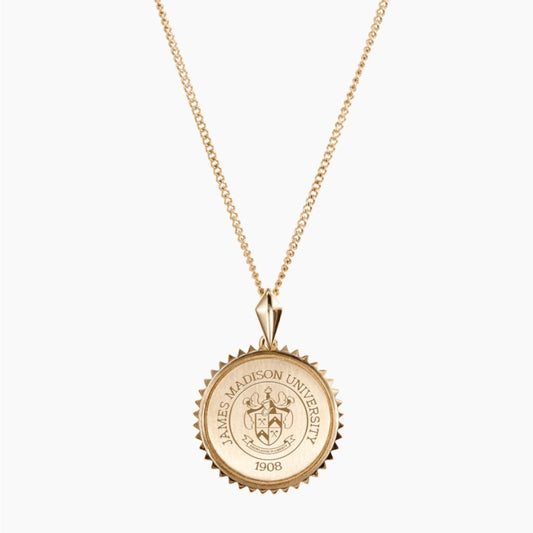 JMU Sunburst Necklace, Kyle Cavan Jewelry, vintage coin pendant, Sterling Silver necklace, university crest design