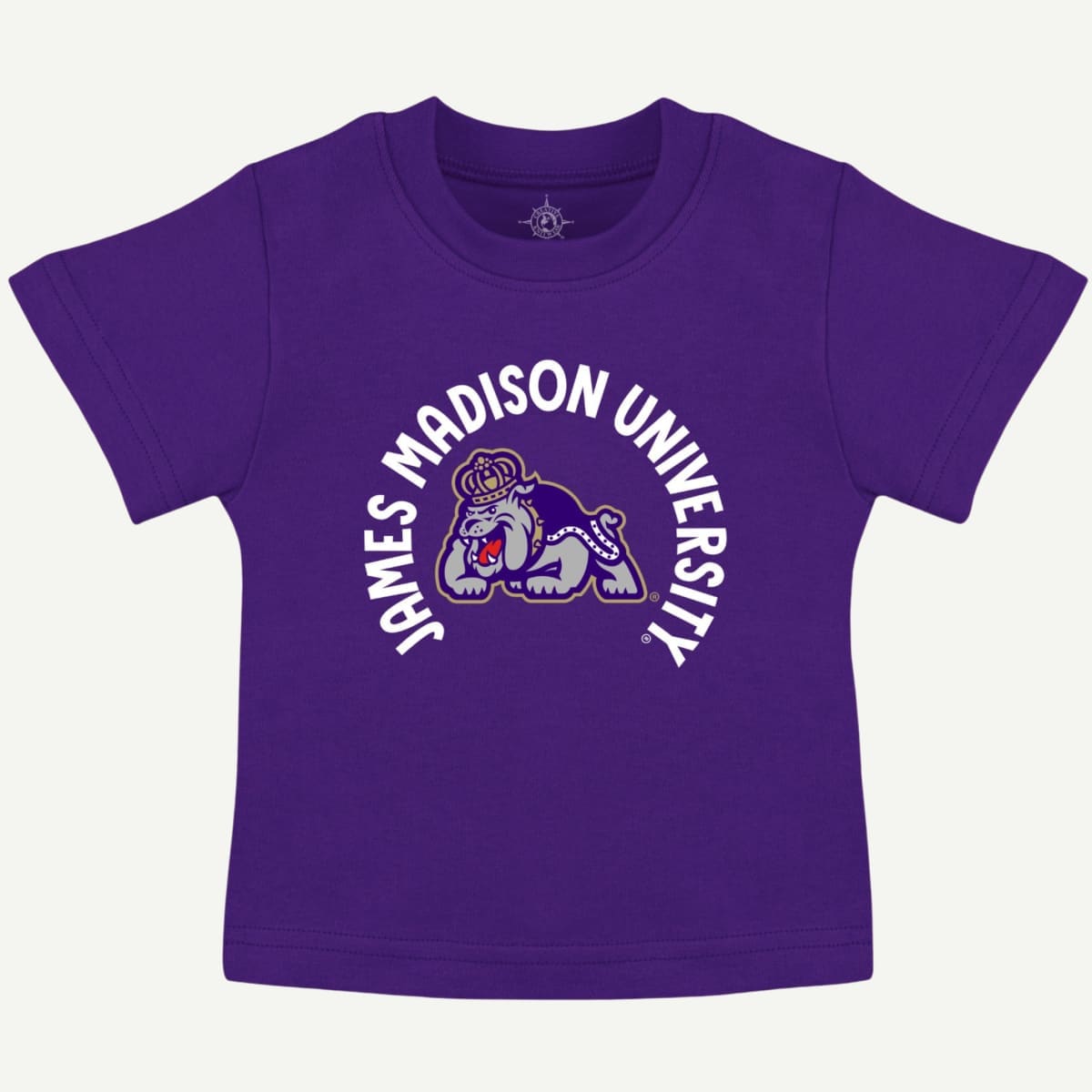 Purple JMU Kids Short Sleeve T-Shirt featuring the James Madison University logo and Duke Dog mascot.