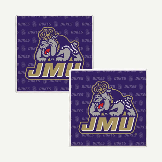 JMU coasters with a bold Duke Dog logo over a repeating "DUKES" pattern.