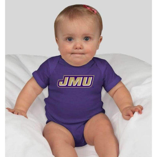 JMU Unisex Embroidered Infant Bodysuit, Official JMU Baby Apparel, Premium Cotton Bodysuit, Soft Infant Clothing, Three Snap Closure, Short Sleeves, Embroidered JMU LogoPURPLE IN STOCK