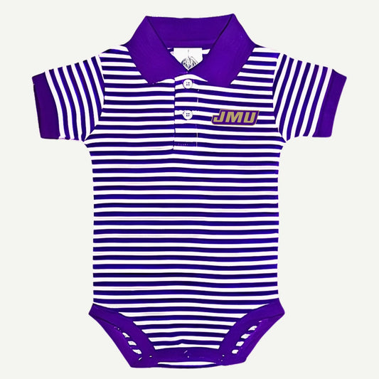A unisex infant polo bodysuit with purple and white stripes, featuring an embroidered JMU logo on the chest.
