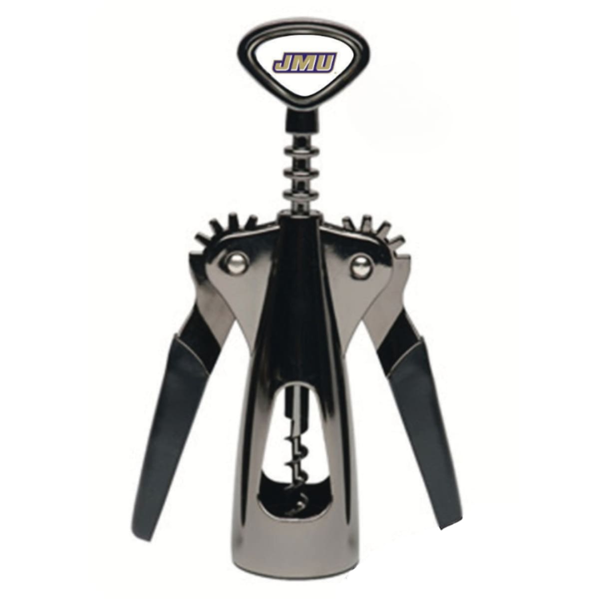 JMU Wine Opener – Sturdy metal corkscrew with black composite handles, featuring the JMU logo, perfect for home bars and tailgates.