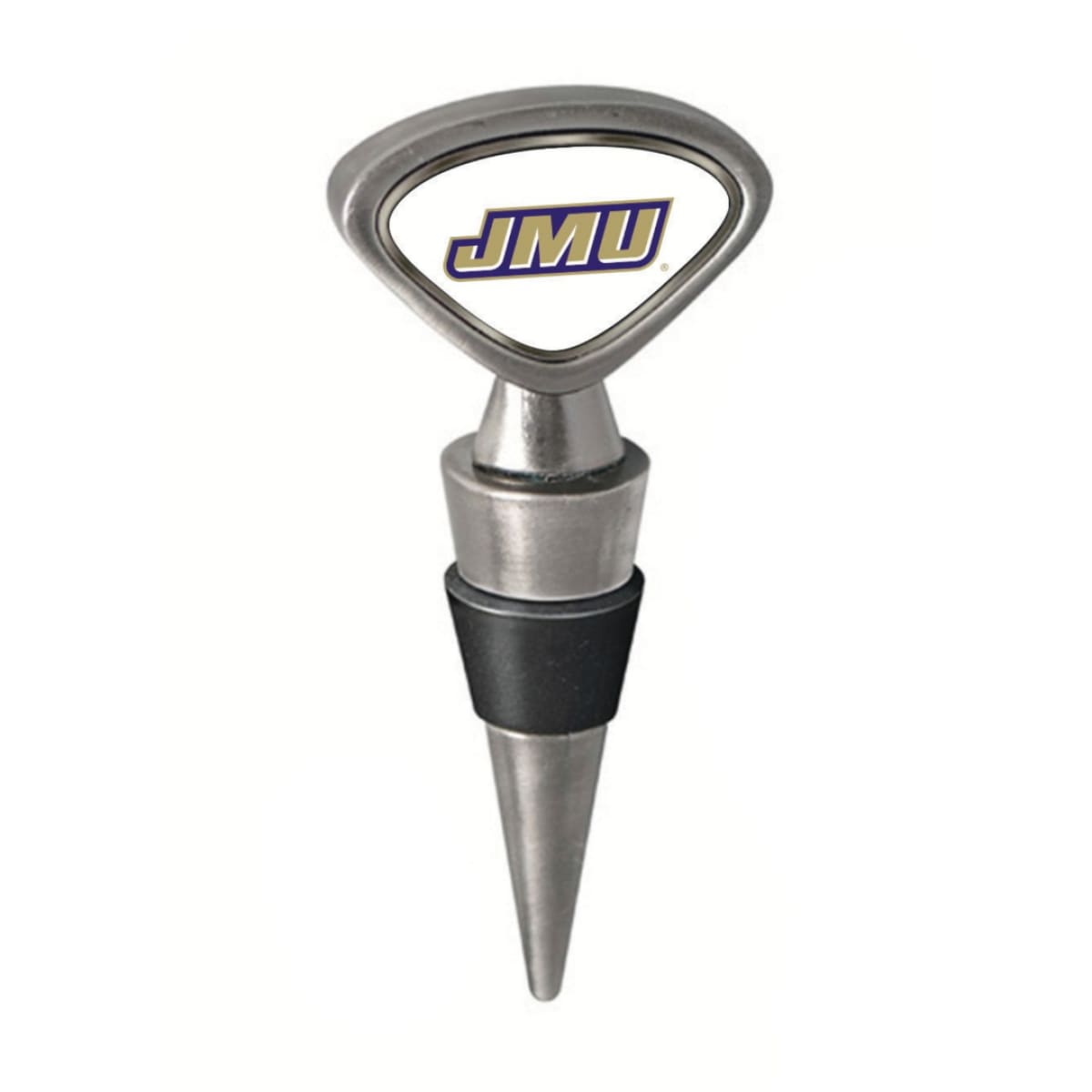 Seal your favorite wine in style with this JMU Wine Stopper! Crafted from solid metal with a black silicone stopper, it provides a secure, airtight seal to keep your wine fresh. The stopper features a JMU logo, making it the perfect gift for Dukes fans and wine lovers alike. Comes in an elegant gift box, ready for gifting or personal use.