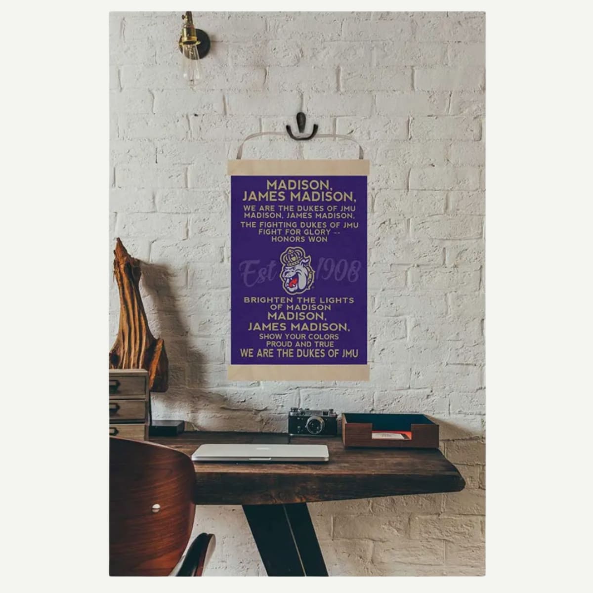 Reversible JMU Fight Song Banner with jute ribbon featuring two designs, officially licensed James Madison University decor
