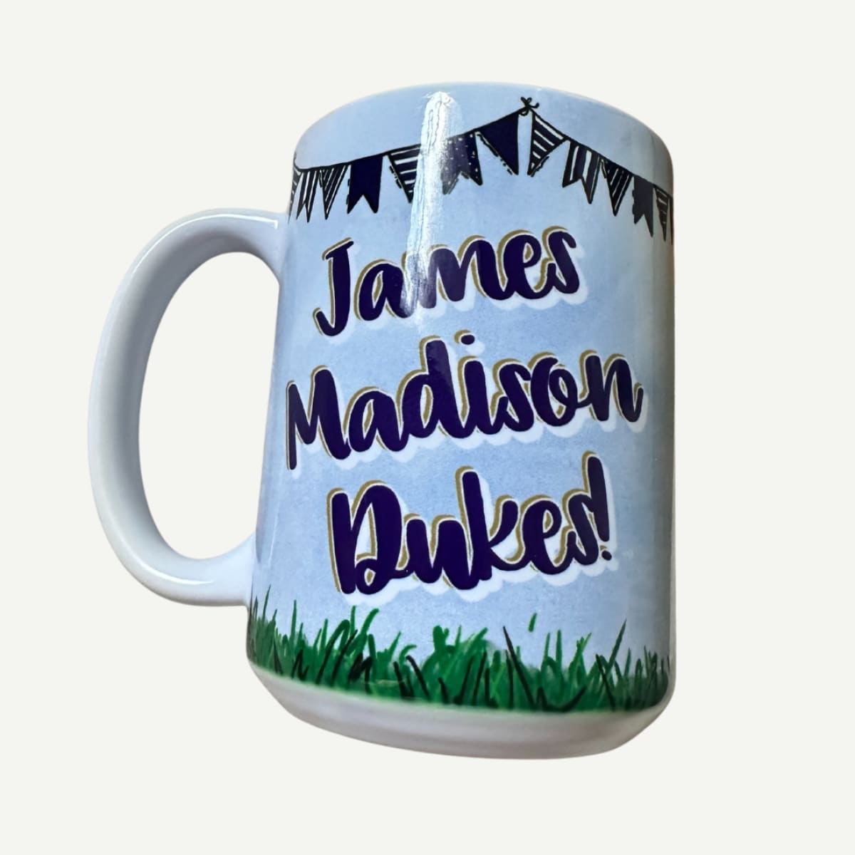15 oz JMU Ceramic Mug with tailgate scene and James Madison Dukes graphics
