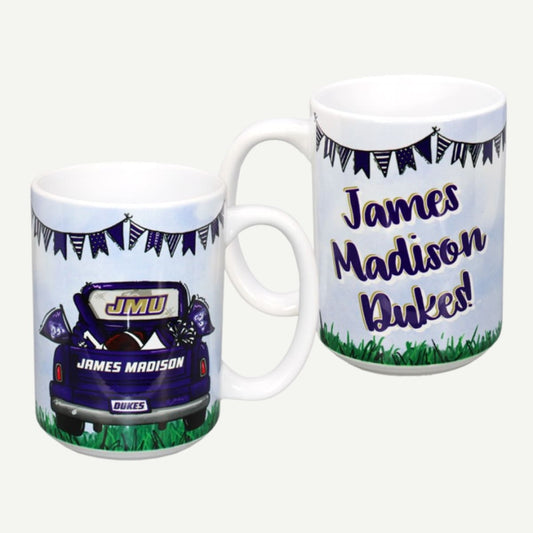 15 oz JMU Ceramic Mug with tailgate scene and James Madison Dukes graphics