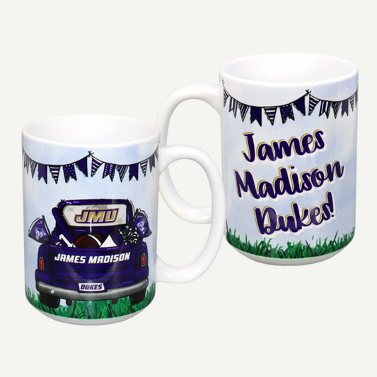 15 oz JMU Ceramic Mug with tailgate scene and James Madison Dukes graphics