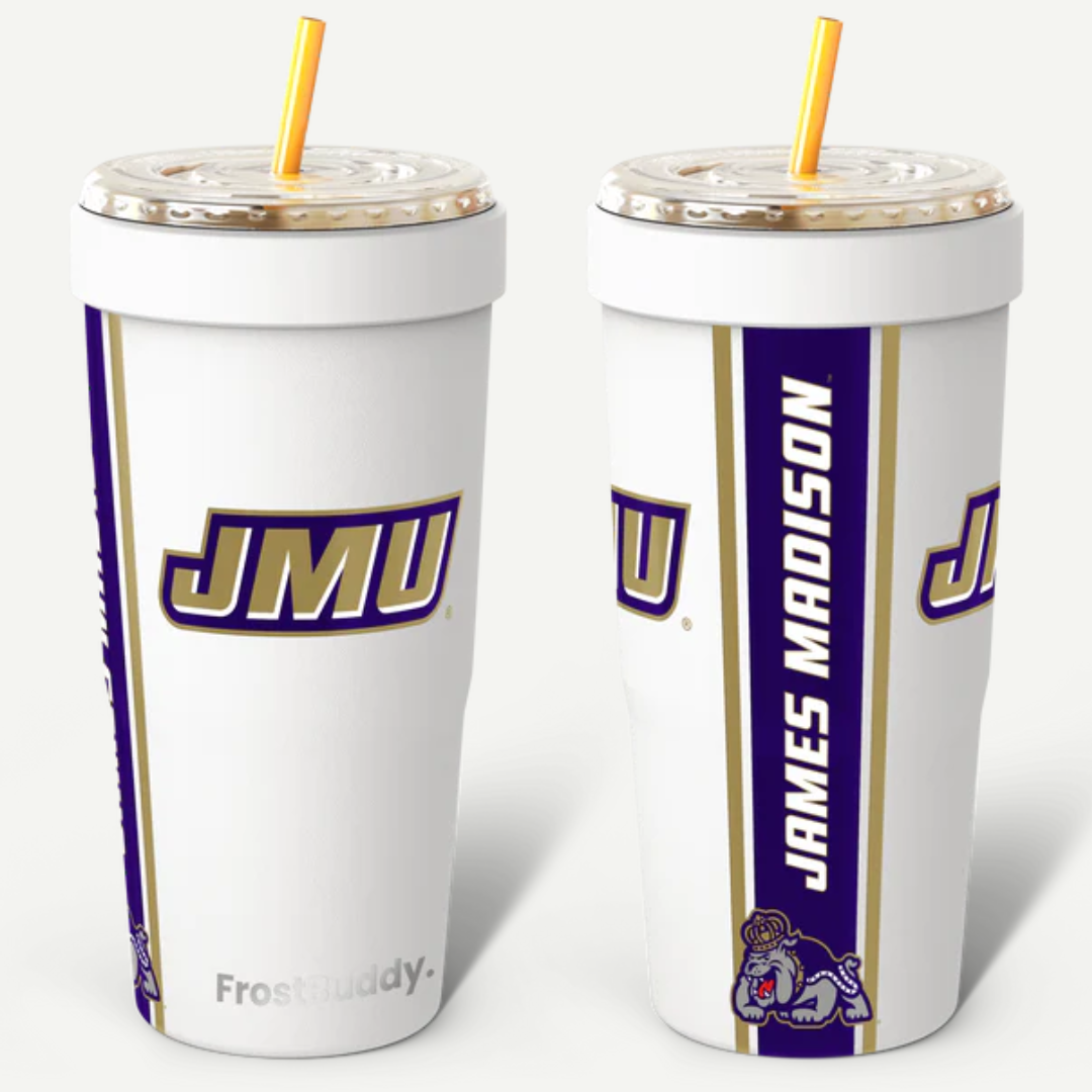 Two white tumblers with JMU branding on a white background