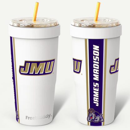 Two white tumblers with JMU branding on a white background