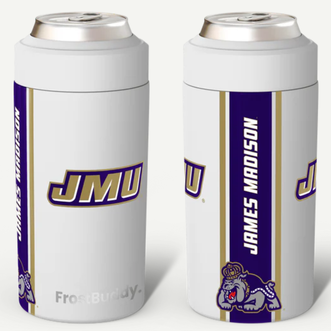 Two white can coolers with James Madison University logo on a white background