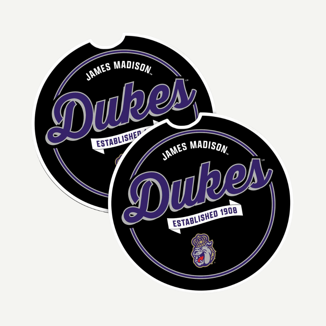 Black car coaster with retro 'James Madison Dukes Established 1908' design.